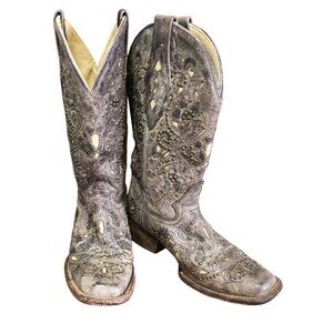 Corral Boots Womens 6.5M A1121 Brown Crater Bone Inlay Square Toe Studded Cowboy